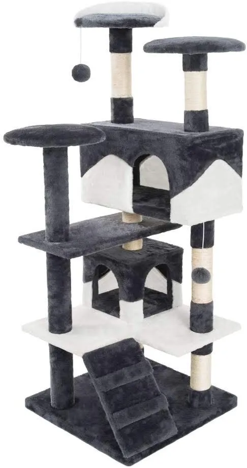 PCT3001 Katzen Kratzbaum 130cm/H Kletterbaum Extra-Soft-Plüsch Spielbaum mit Höhlen Spielbällen und vielen Plattformen