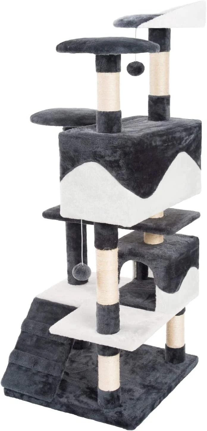 PCT3001 Katzen Kratzbaum 130cm/H Kletterbaum Extra-Soft-Plüsch Spielbaum mit Höhlen Spielbällen und vielen Plattformen