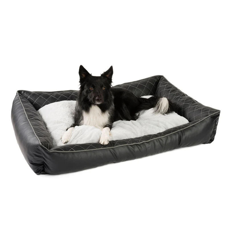 PDB2011 | Orthopädisches Hundebett aus Premium Kunstleder mit Steppnähten und Fellkissen, abwischbar