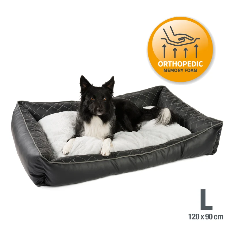 PDB2011 | Orthopädisches Hundebett aus Premium Kunstleder mit Steppnähten und Fellkissen, abwischbar