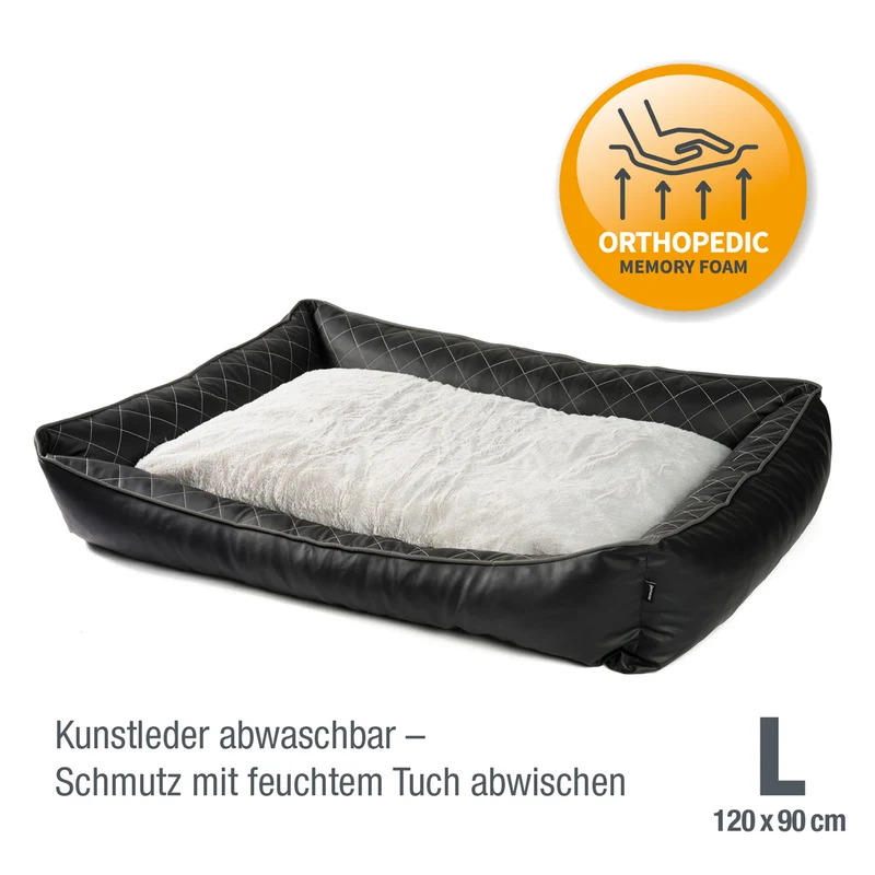 PDB2011 | Orthopädisches Hundebett aus Premium Kunstleder mit Steppnähten und Fellkissen, abwischbar