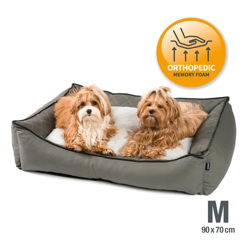 PDB2011 | Orthopädisches Hundebett aus Premium Kunstleder mit Steppnähten und Fellkissen, abwischbar