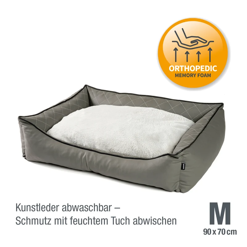 PDB2011 | Orthopädisches Hundebett aus Premium Kunstleder mit Steppnähten und Fellkissen, abwischbar