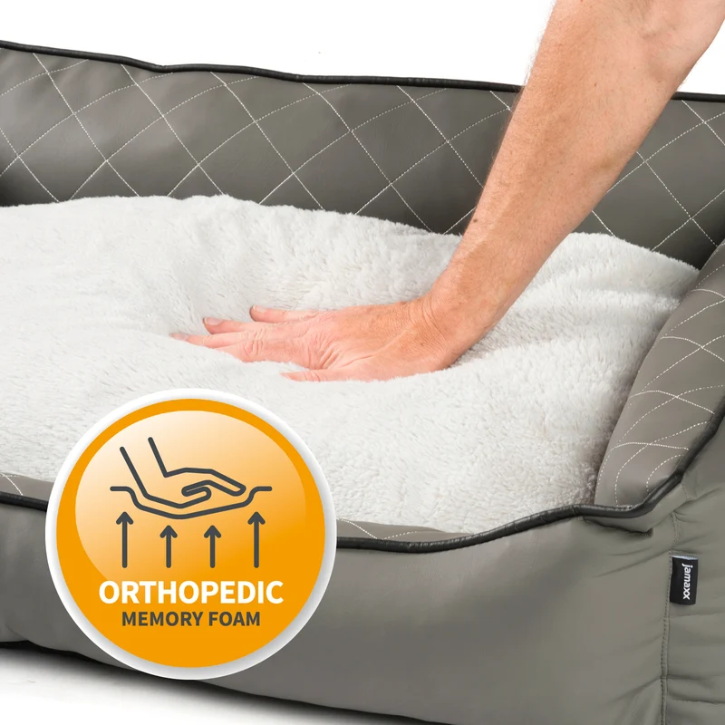 PDB2011 | Orthopädisches Hundebett aus Premium Kunstleder mit Steppnähten und Fellkissen, abwischbar