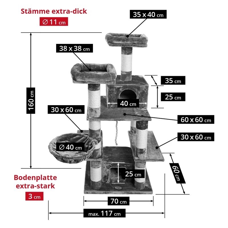 B-Ware: PCT6002, Premium Quality, XXL Premium Kratzbaum Höhe 160 cm, 11cm dicke Stämme, Dicke Bodenplatte, Sehr stabil, Weiches Kuschel-Plüsch, grau braun beige ...