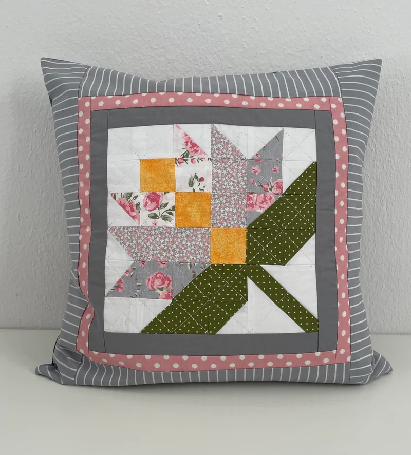 Patchwork Kissenhülle, Landhausstil Kissenbezug, grau/rosa/grün 40x40cm