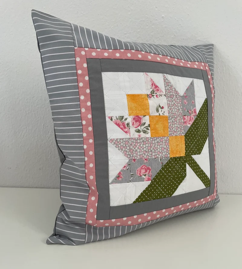 Patchwork Kissenhülle, Landhausstil Kissenbezug, grau/rosa/grün 40x40cm
