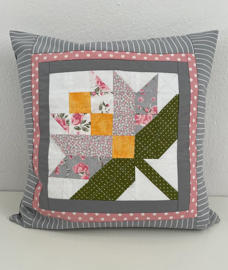 Patchwork Kissenhülle, Landhausstil Kissenbezug, grau/rosa/grün 40x40cm
