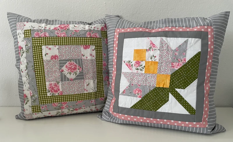 Patchwork Kissenhülle, Landhausstil Kissenbezug, grau/rosa/grün 40x40cm