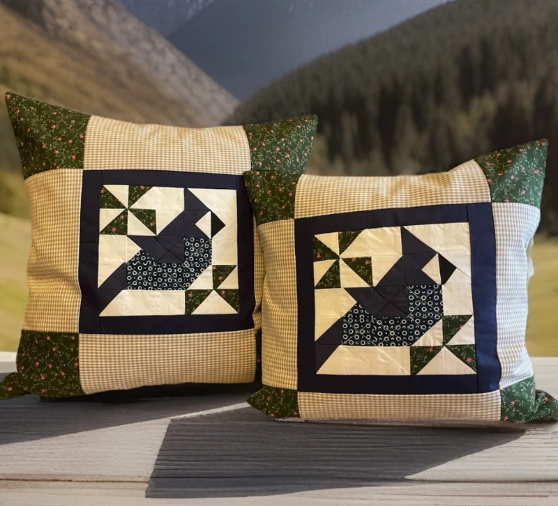 Patchwork Kissenhülle, Landhausstil Kissenbezug,Vogel, beige/blau/grün/braun