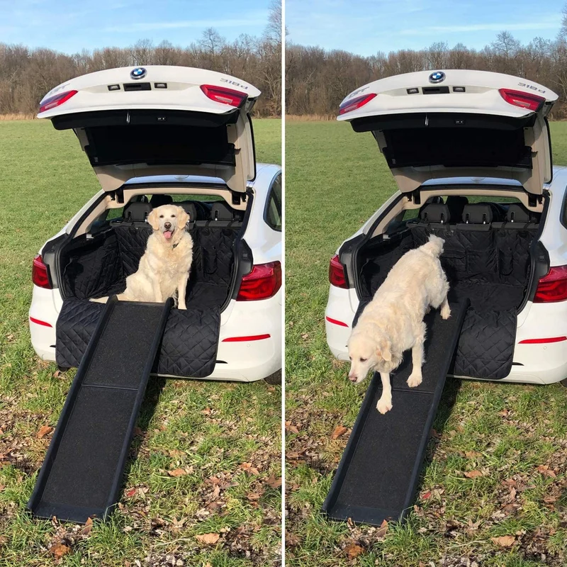 B-Ware - Hunderampe [PDR1-X] Hunderampe Auto klappbar Kunststoff leicht stabil max 90 kg, Anti-Rutsch, 156x40 cm faltbar, Kofferraum Einstiegshilfe, gelenkschonende Hunde-Treppe für große und schwere Hunde