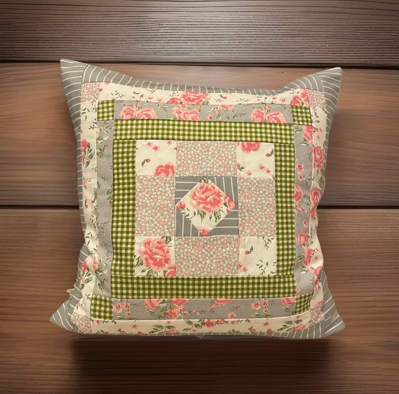 Patchwork Kissenhülle, Landhausstil Kissenbezug, grau/rosa/grün 40x40cm
