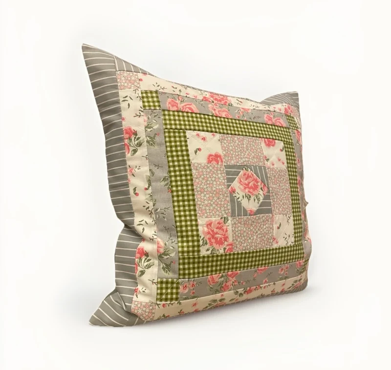 Patchwork Kissenhülle, Landhausstil Kissenbezug, grau/rosa/grün 40x40cm