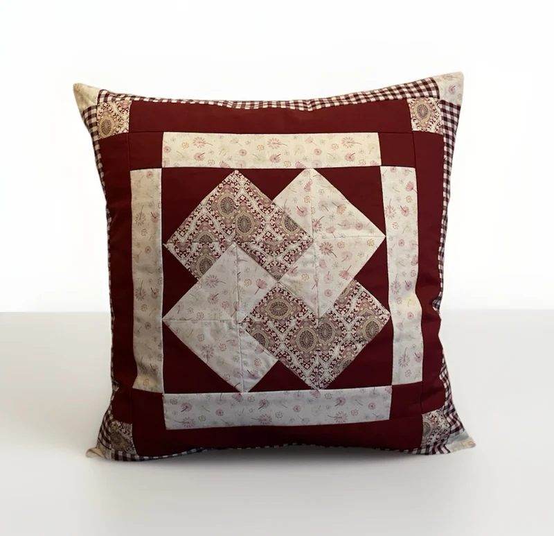 Patchwork Kissenhülle, Landhausstil Kissenbezug, beige/weinrot