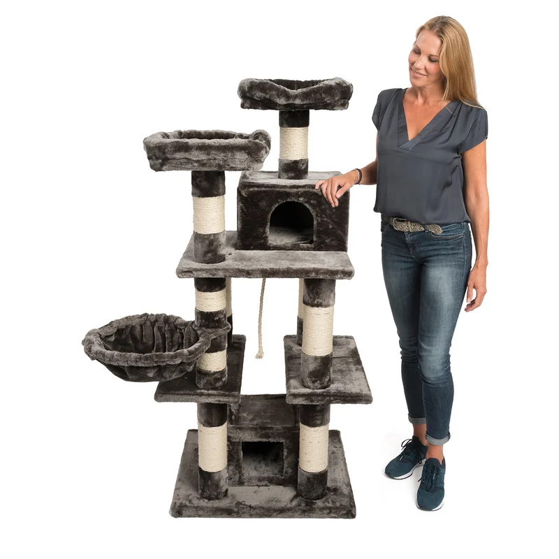 PCT6002, Premium Quality, XXL Premium Kratzbaum Höhe 160 cm, 11cm dicke Stämme, Dicke Bodenplatte, Sehr stabil, Weiches Kuschel-Plüsch, grau braun beige ...