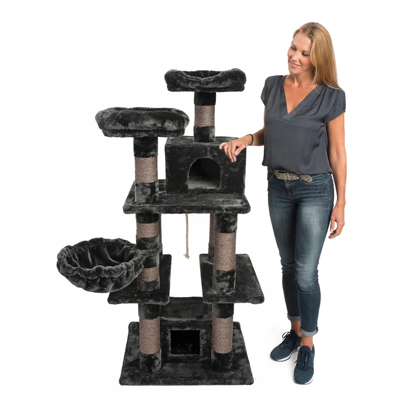 PCT6002, Premium Quality, XXL Premium Kratzbaum Höhe 160 cm, 11cm dicke Stämme, Dicke Bodenplatte, Sehr stabil, Weiches Kuschel-Plüsch, grau braun beige ...