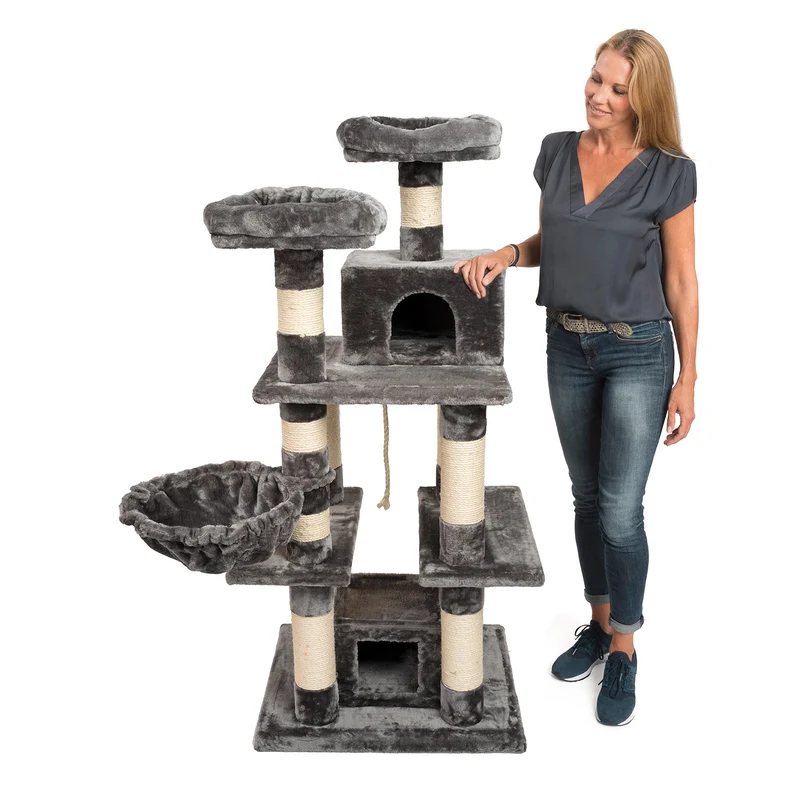 PCT6002, Premium Quality, XXL Premium Kratzbaum Höhe 160 cm, 11cm dicke Stämme, Dicke Bodenplatte, Sehr stabil, Weiches Kuschel-Plüsch, grau braun beige ...