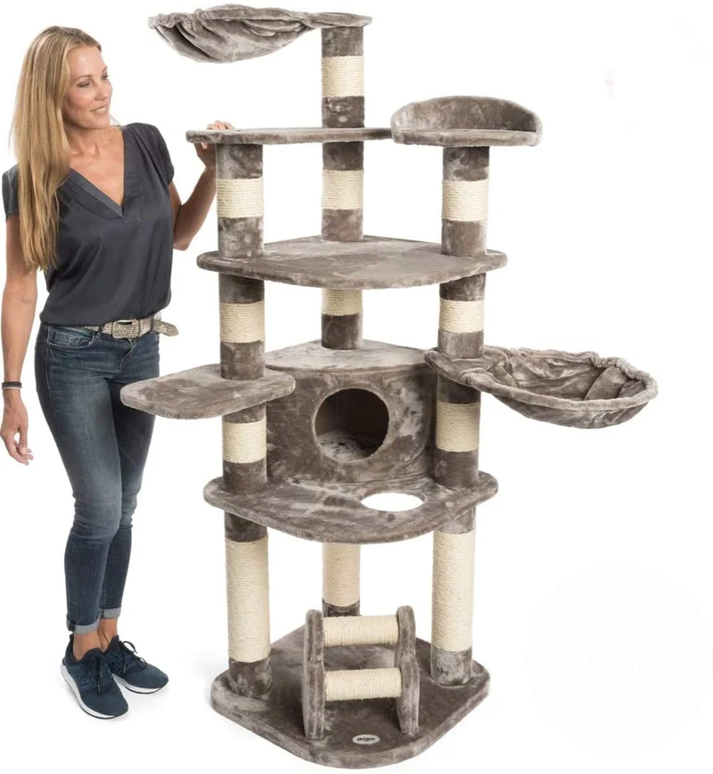 PCT6003, Premium XXL Kratzbaum, Kletterbaum für große Katzen H175cm, extra-Dicke 11 cm Stämme stabil, grau / braun / beige ...