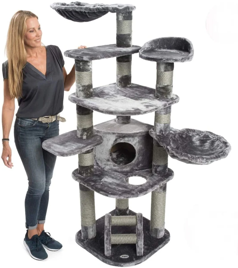PCT6003, Premium XXL Kratzbaum, Kletterbaum für große Katzen H175cm, extra-Dicke 11 cm Stämme stabil, grau / braun / beige ...