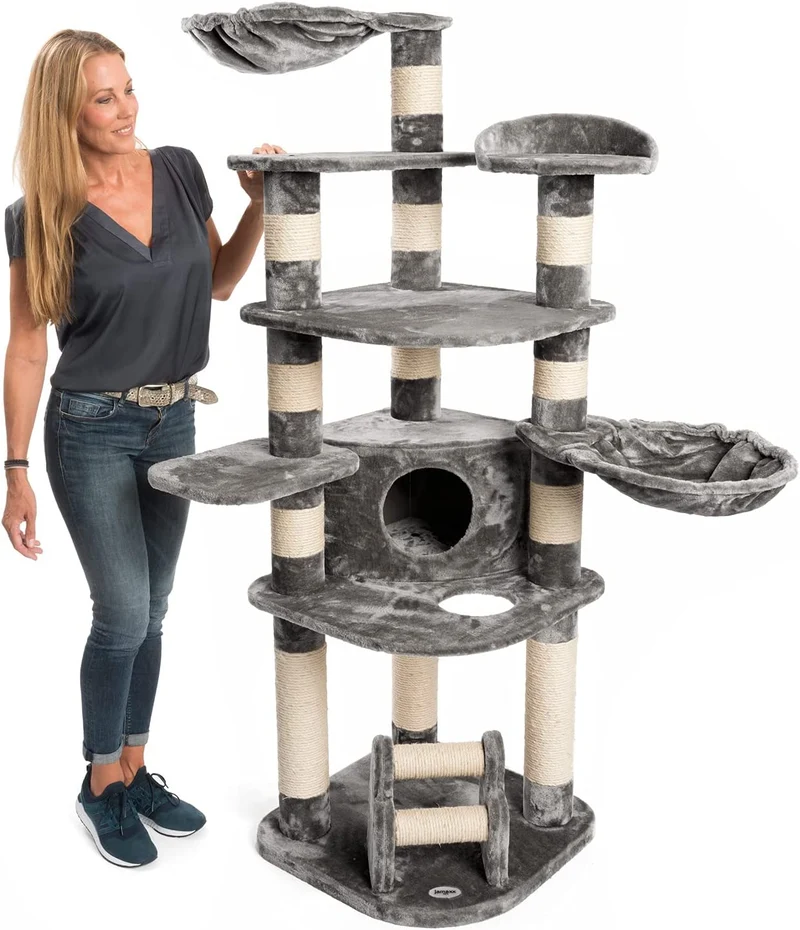 PCT6003, Premium XXL Kratzbaum, Kletterbaum für große Katzen H175cm, extra-Dicke 11 cm Stämme stabil, grau / braun / beige ...