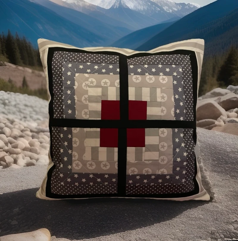 Patchwork Kissenhülle, Landhausstil Kissenbezug, grau/ rot/ weiß 40x40cm