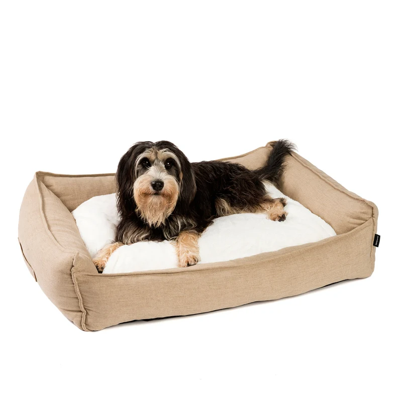 PDB2006 | Premium Hundebett, edle Leinen-Optik, waschbar, orthopädisch, grau + braun
