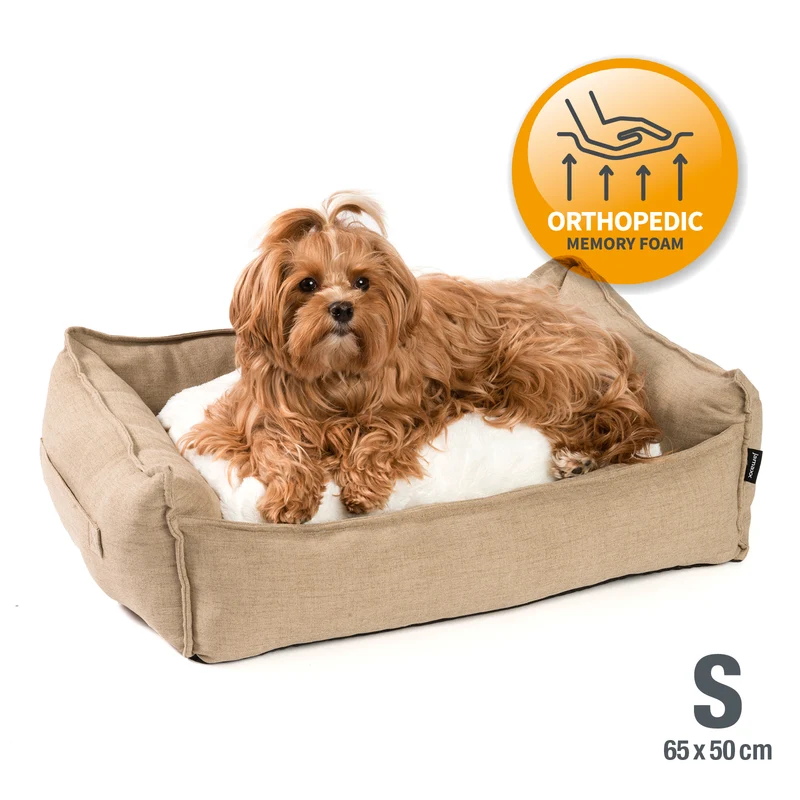 PDB2006 | Premium Hundebett, edle Leinen-Optik, waschbar, orthopädisch, grau + braun