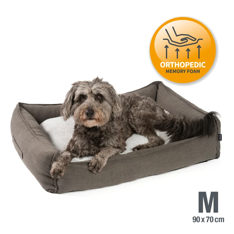 PDB2006 | Premium Hundebett, edle Leinen-Optik, waschbar, orthopädisch, grau + braun