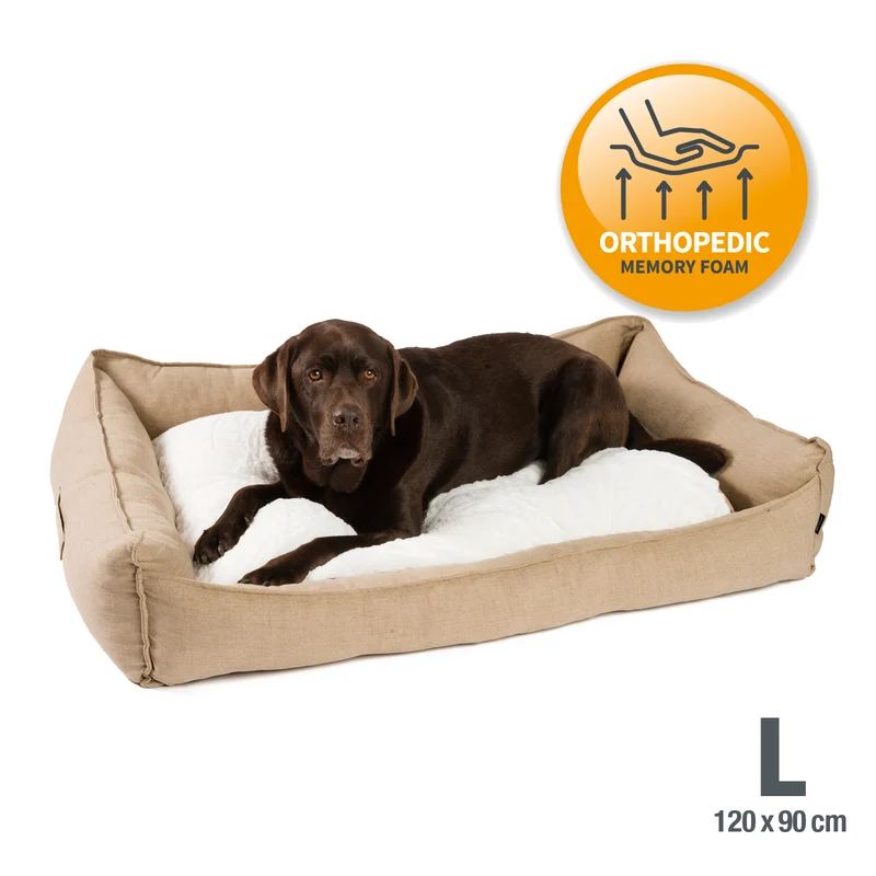 PDB2006 | Premium Hundebett, edle Leinen-Optik, waschbar, orthopädisch, grau + braun