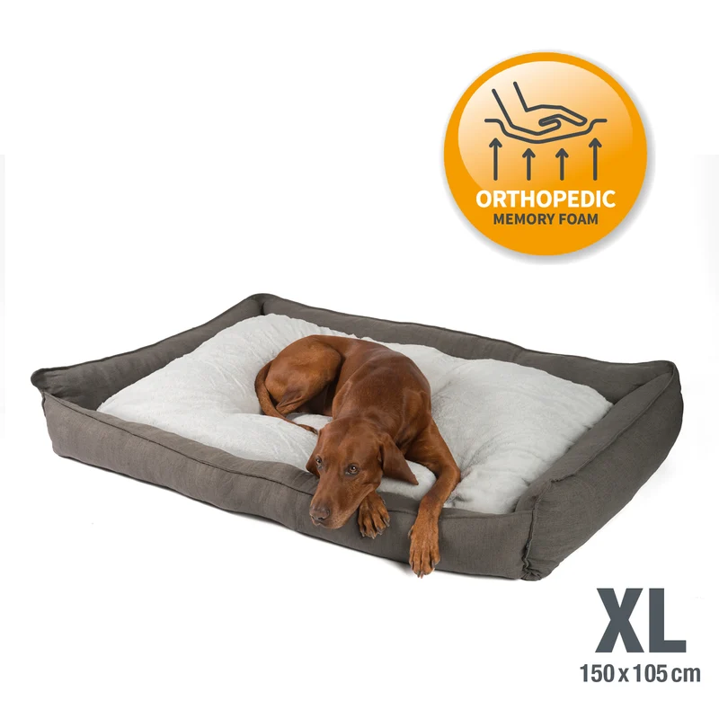 PDB2006 | Premium Hundebett, edle Leinen-Optik, waschbar, orthopädisch, grau + braun