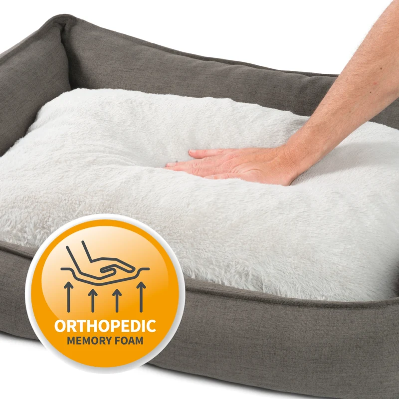 PDB2006 | Premium Hundebett, edle Leinen-Optik, waschbar, orthopädisch, grau + braun