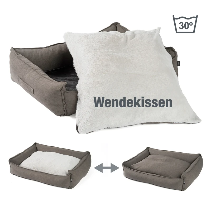 PDB2006 | Premium Hundebett, edle Leinen-Optik, waschbar, orthopädisch, grau + braun
