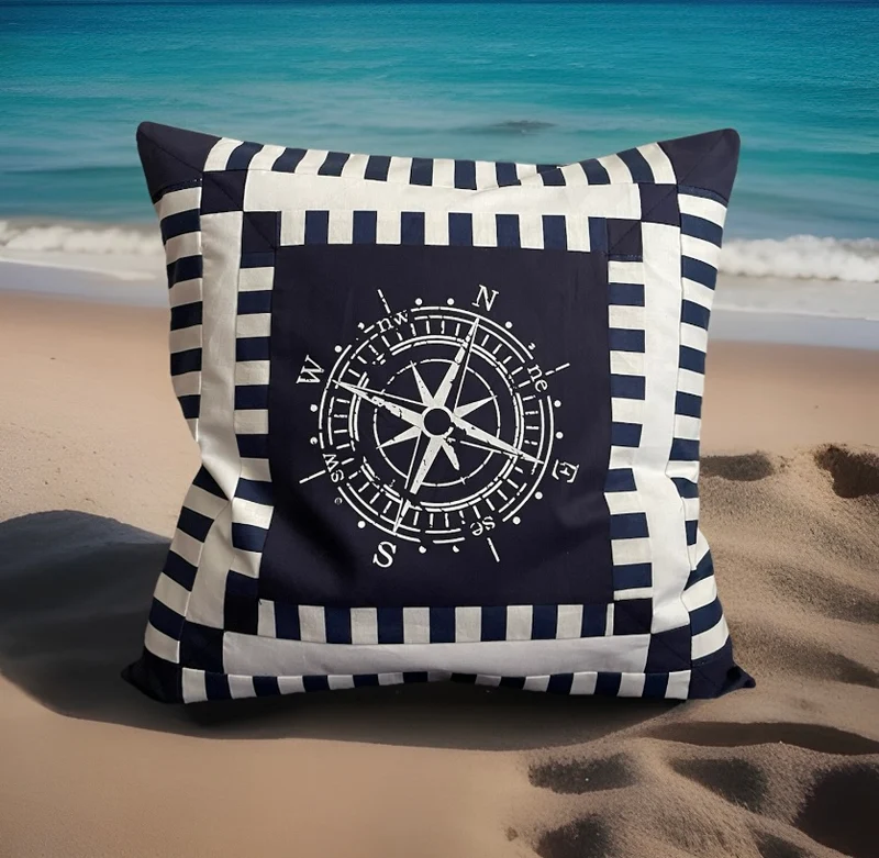 Maritime Kissenhülle, Patchwork Kissenbezug, Dekokissen * Kompass * blau/weiß