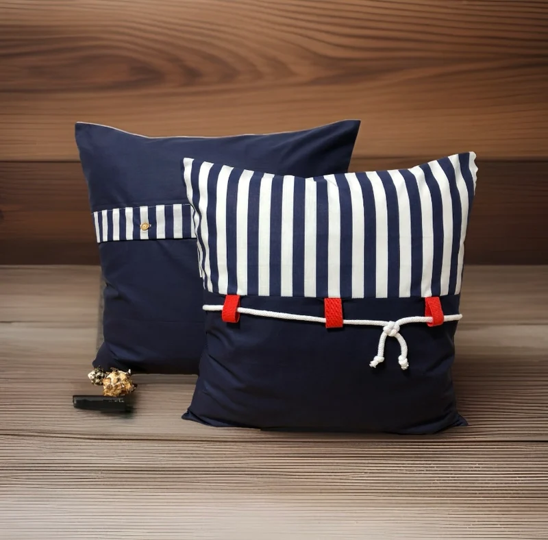 Maritime Kissenhülle, Landhausstil Dekokissen Seemannsknoten blau/weiß gestreift