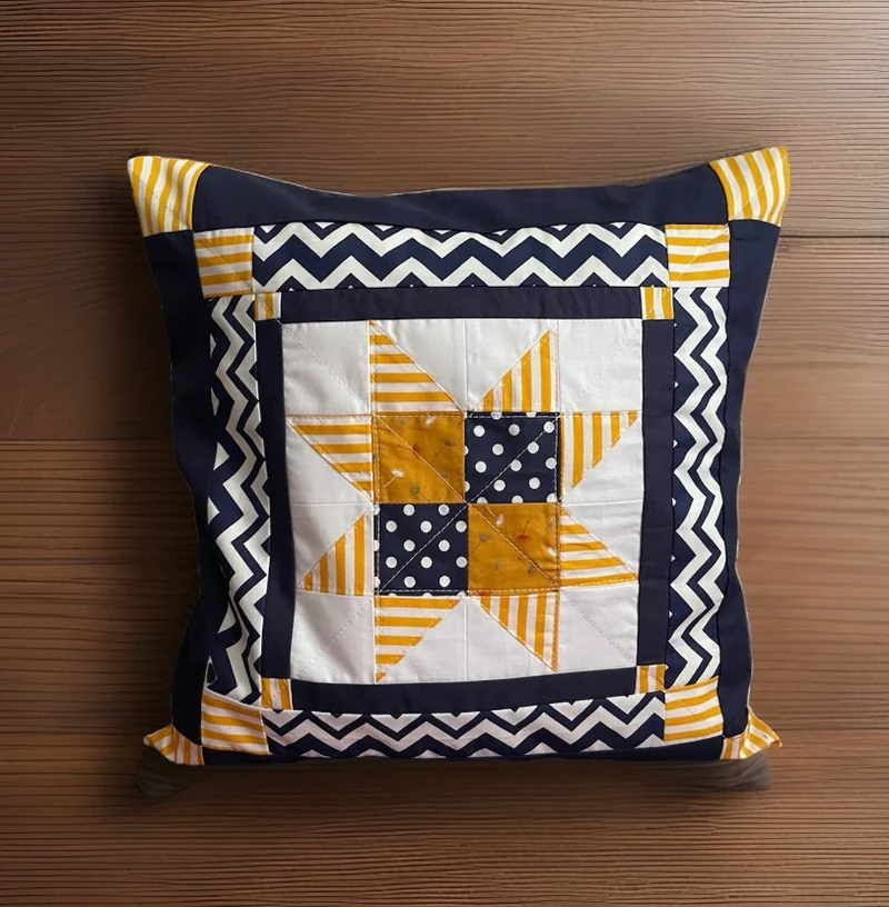 Patchwork Kissenhülle, Landhausstil Kissenbezug, blau/weiß/gelb 40x40cm