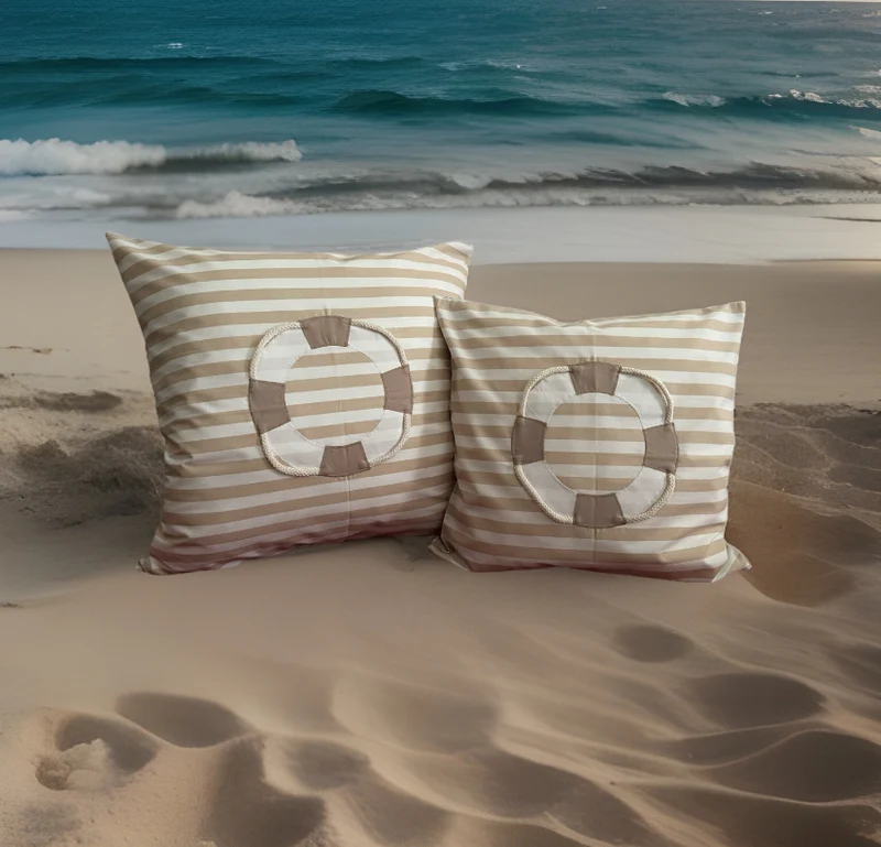 1 Maritime Kissenhülle, Landhausstil Kissenhüllen *Rettungsring* beige/weiß gestreift