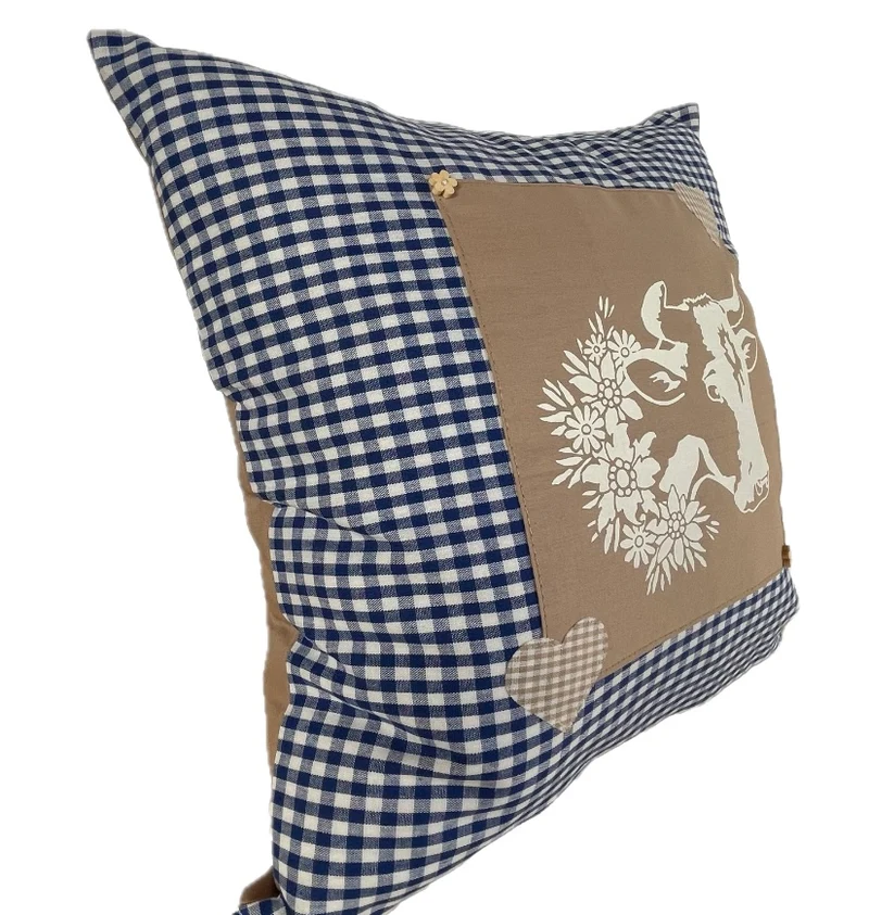 Landhausstil Kissenhülle * Kissenbezug * blau/weiß kariertes Dekokissen * Kuh *