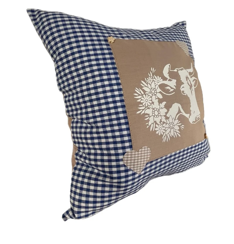 Landhausstil Kissenhülle * Kissenbezug * blau/weiß kariertes Dekokissen * Kuh *