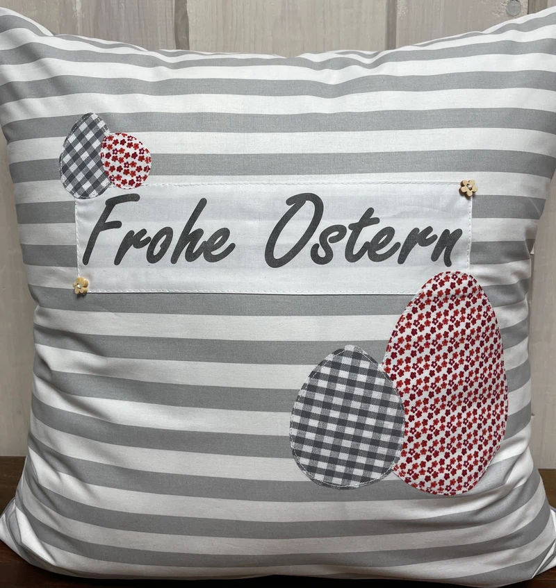 1 Landhausstill Kissenhülle, Kissenbezug, Osterkissen,Ostern grau/weiß/rot