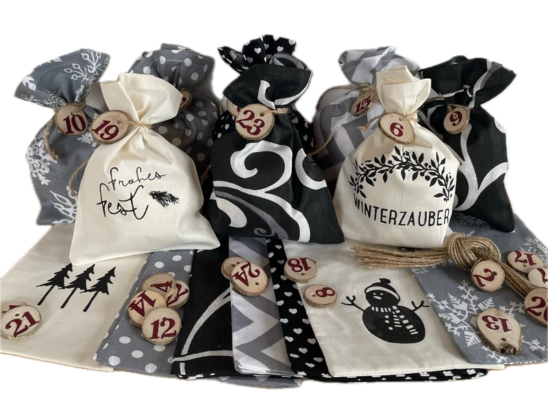 Adventskalender,Landhausstil Adventskalender zum Befüllen, 24 Säckchen zum Advent, schwarz/grau/creme