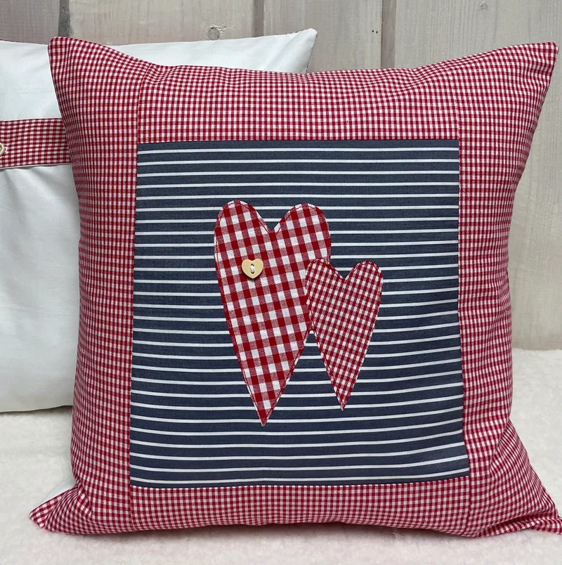 Patchwork Kissenhülle, Landhausstil Kissenbezug, rot/blaugrau 40x40cm