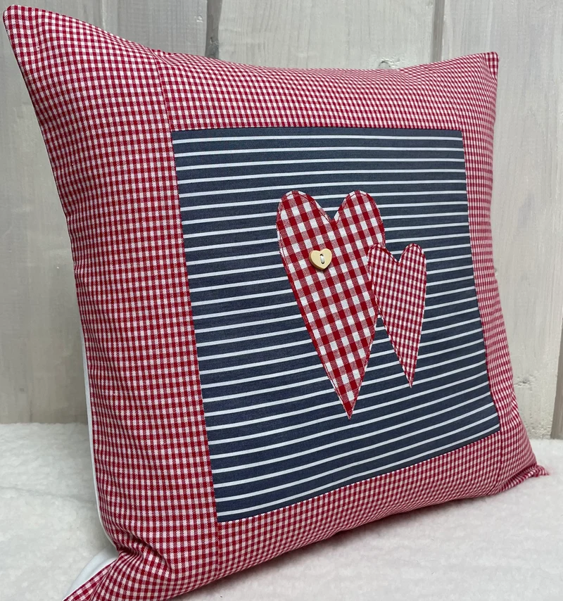 Patchwork Kissenhülle, Landhausstil Kissenbezug, rot/blaugrau 40x40cm