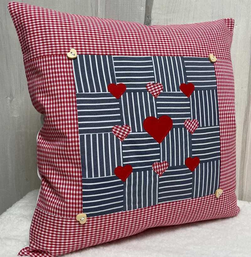 Patchwork Kissenhülle, Landhausstil Kissenbezug, rot/blaugrau 40x40cm