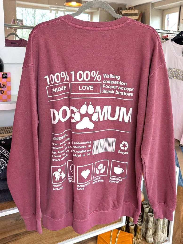 Sweatshirt Dog Mum Backprint Brombeere Weiß Oversized Used Look Baumwolle One Size - von Pretty Body 2555