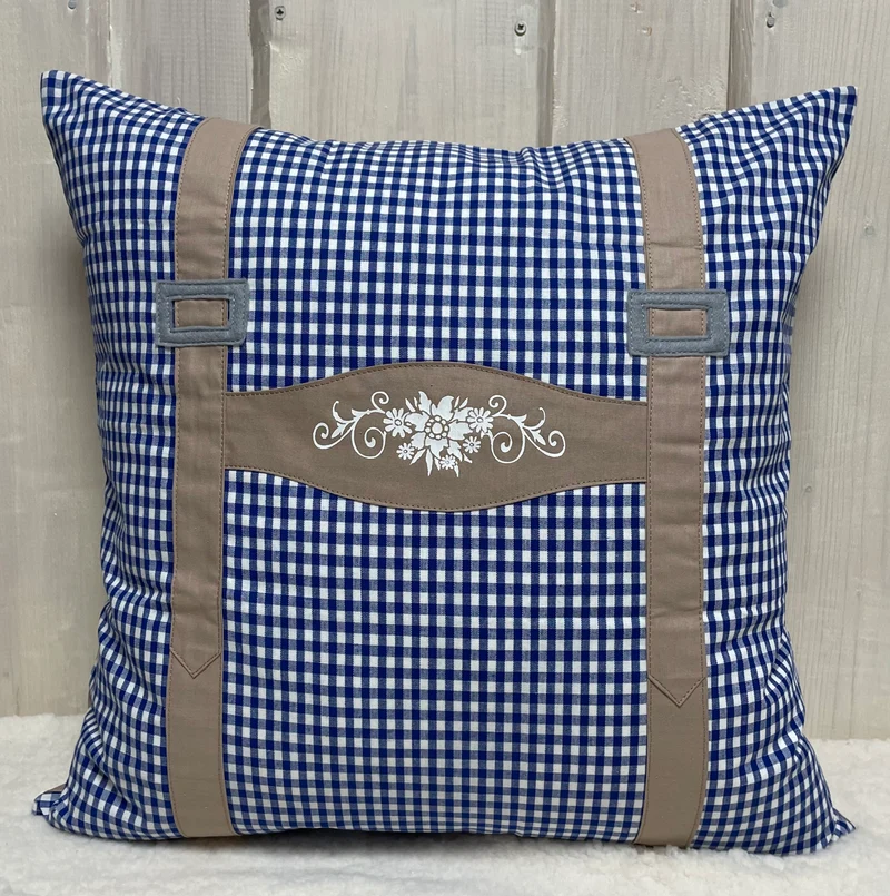 Landhausstil Kissenhülle, Kissenbezug, Bauernstube Dekokissen * Hosenträger * blau/beige
