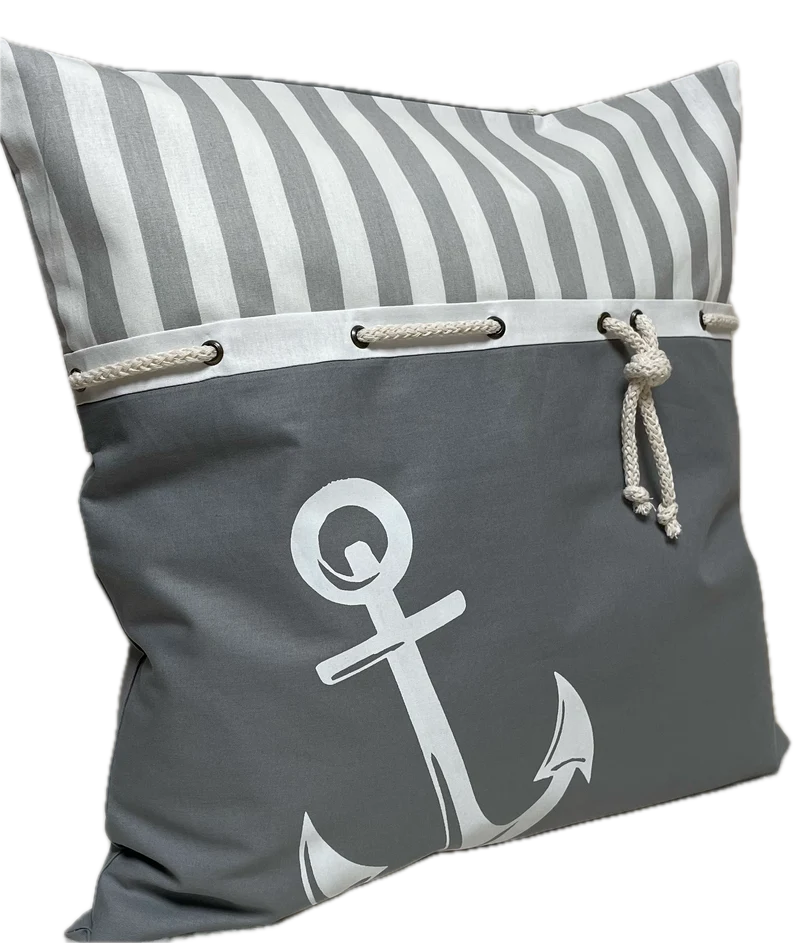 Maritime Kissenhülle, Landhausstil Dekokissen Anker grau/weiß