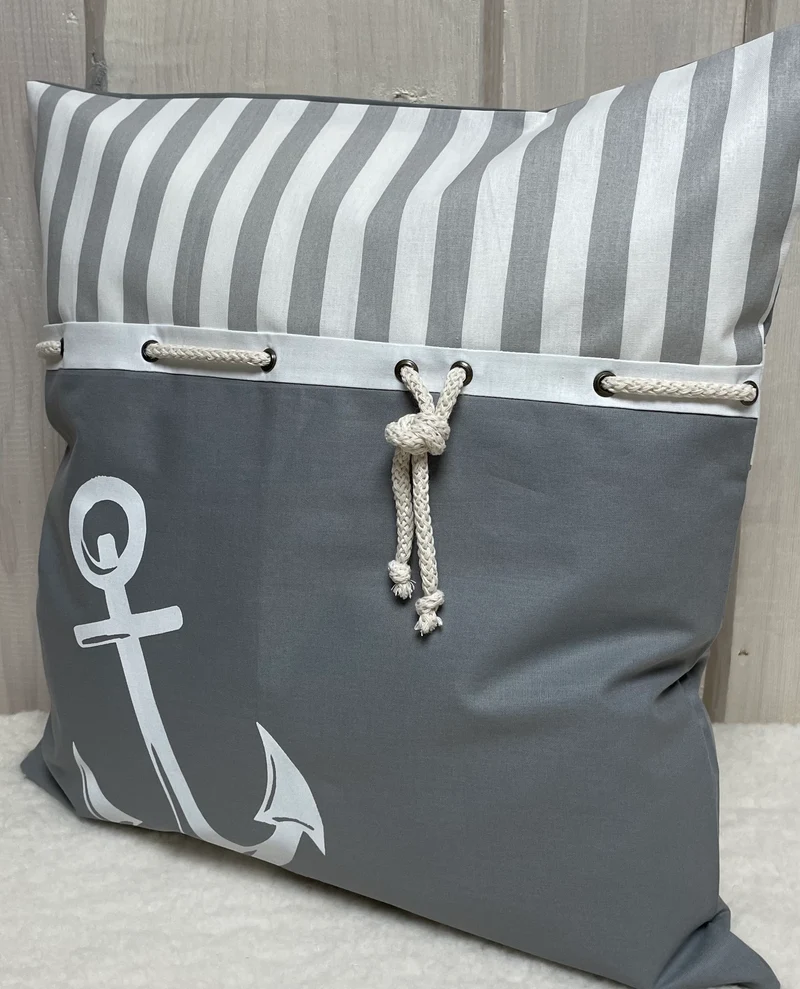Maritime Kissenhülle, Landhausstil Dekokissen Anker grau/weiß