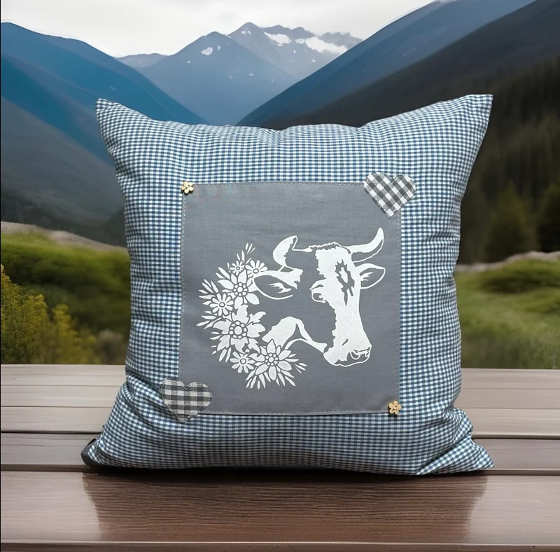 Landhausstil Kissenhülle * Kissenbezug * Bauernstube Dekokissen * Kuh* blau/grau