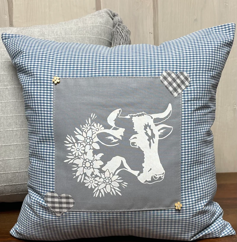 Landhausstil Kissenhülle * Kissenbezug * Bauernstube Dekokissen * Kuh* blau/grau