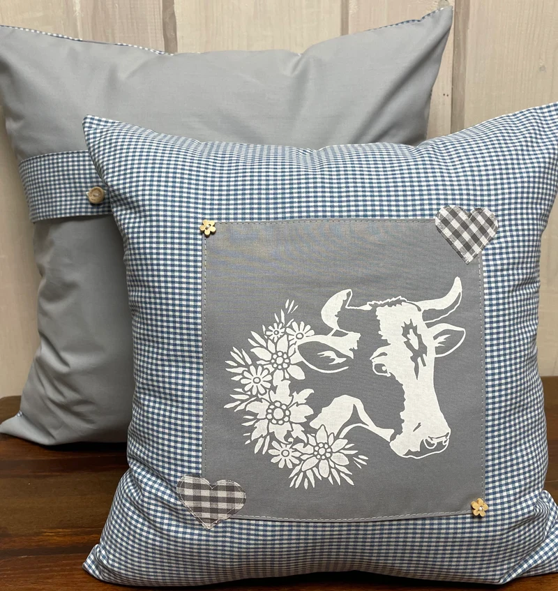 Landhausstil Kissenhülle * Kissenbezug * Bauernstube Dekokissen * Kuh* blau/grau